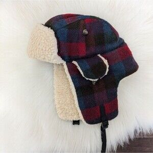 Mad Bomber red blue plaid wool Sherpa hat XL